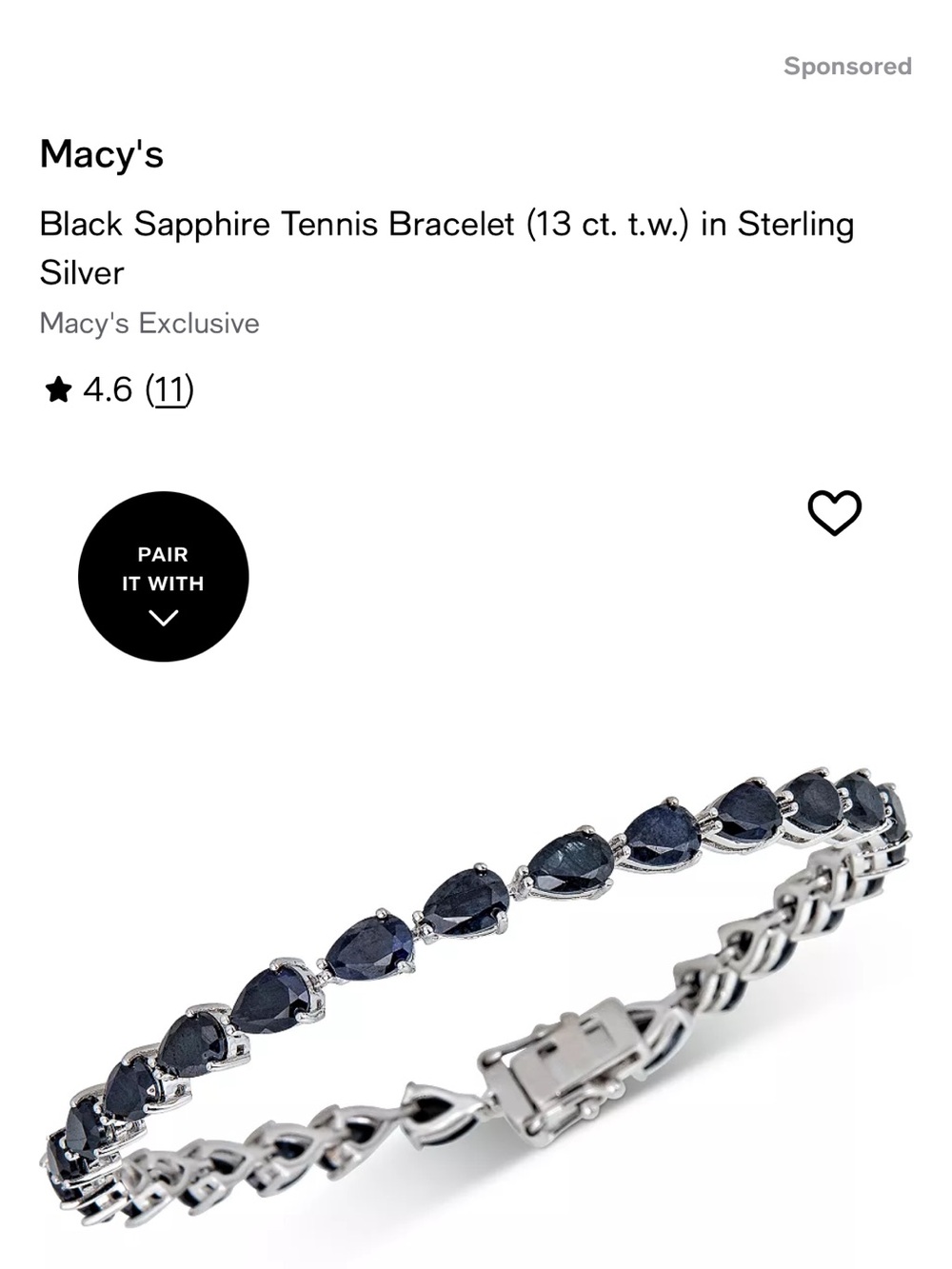 Macys black Sapphire stunning Tennis Bracelet in Sterling Silver ($550)